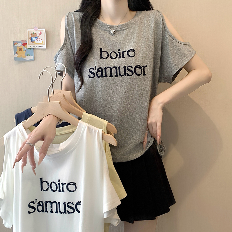 2026 Summer Plus Size Women's Off-Shoulder Short Sleeve T-Shirt with Letter Print and Drawstring