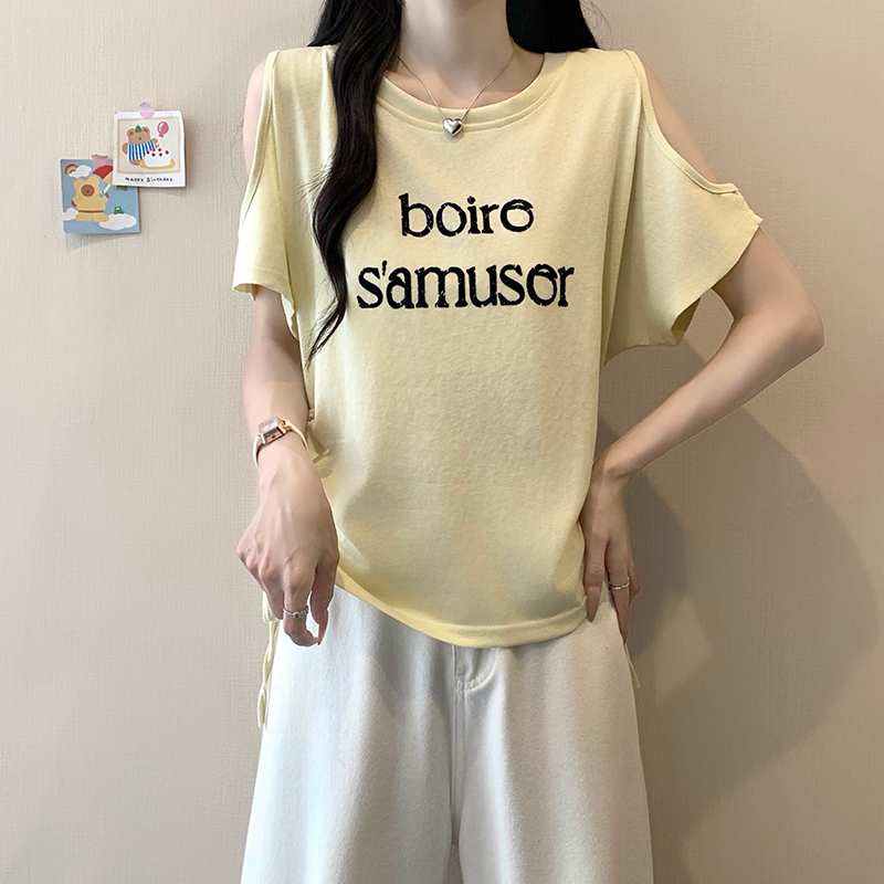 2026-summer-plus-size-womens-off-shoulder-short-sleeve-t-shirt-with-letter-print-and-drawstring_1 2026 Summer Plus Size Women's Off-Shoulder Short Sleeve T-Shirt with Letter Print and Drawstring