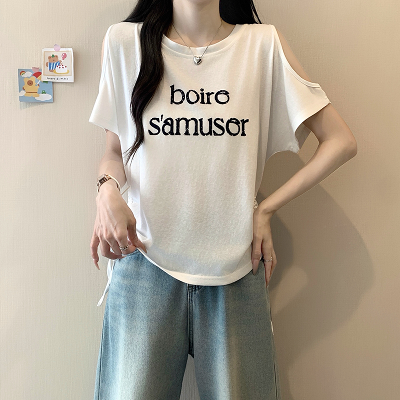 2026-summer-plus-size-womens-off-shoulder-short-sleeve-t-shirt-with-letter-print-and-drawstring_2 2026 Summer Plus Size Women's Off-Shoulder Short Sleeve T-Shirt with Letter Print and Drawstring