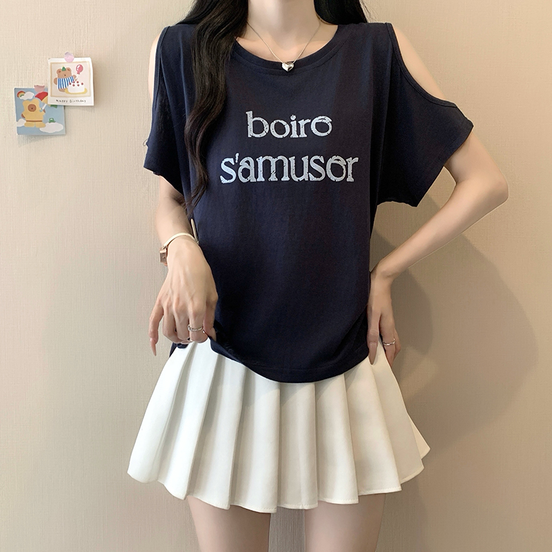2026-summer-plus-size-womens-off-shoulder-short-sleeve-t-shirt-with-letter-print-and-drawstring_3 2026 Summer Plus Size Women's Off-Shoulder Short Sleeve T-Shirt with Letter Print and Drawstring