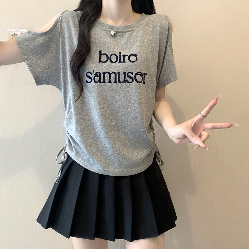2026-summer-plus-size-womens-off-shoulder-short-sleeve-t-shirt-with-letter-print-and-drawstring_4 2026 Summer Plus Size Women's Off-Shoulder Short Sleeve T-Shirt with Letter Print and Drawstring