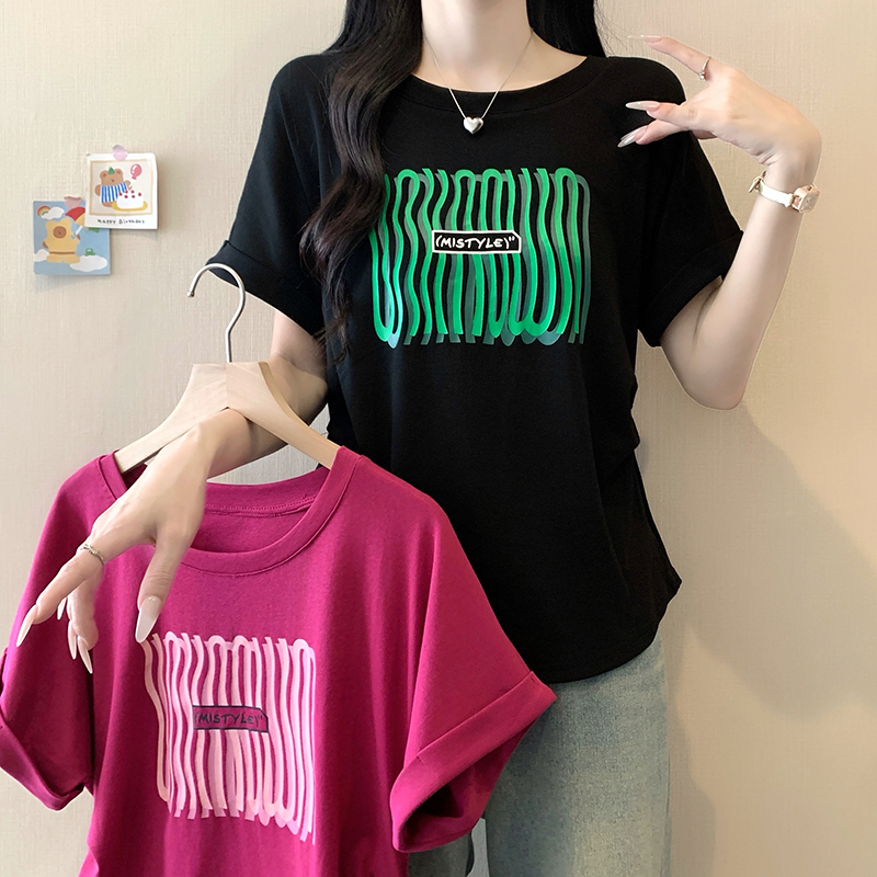 2026 Summer Plus Size Women's Printed Round Neck Flutter Sleeve Short Sleeve T-Shirt