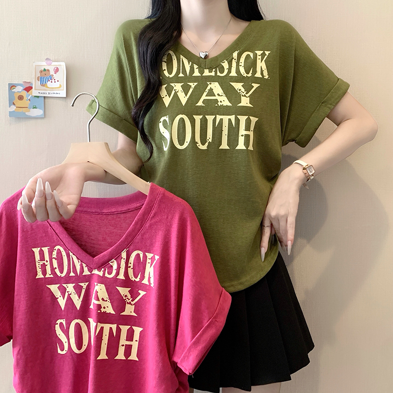 2026 Summer Plus Size Women's V-Neck Ruffle Sleeve Letter Print T-Shirt