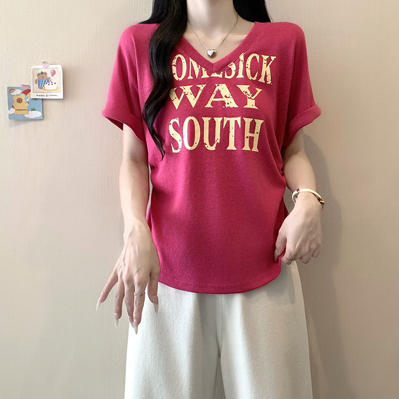 Plus Size Women's Summer V-Neck Ruffle Sleeve Letter Print T-Shirt