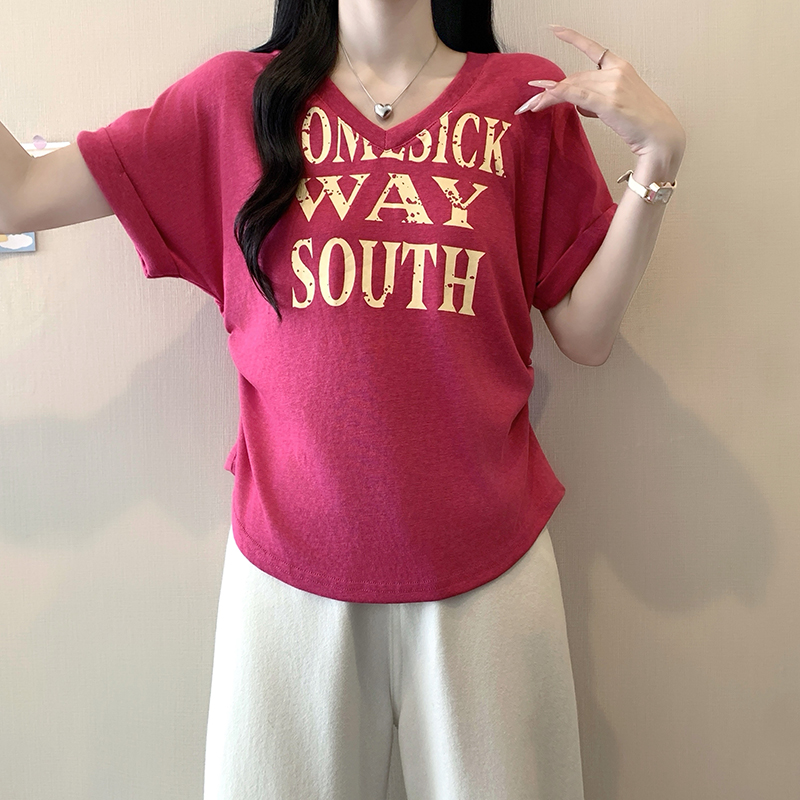 Plus Size Women's Summer V-Neck Ruffle Sleeve Letter Print T-Shirt