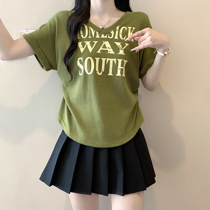 Plus Size Women's Summer V-Neck Ruffle Sleeve Letter Print T-Shirt