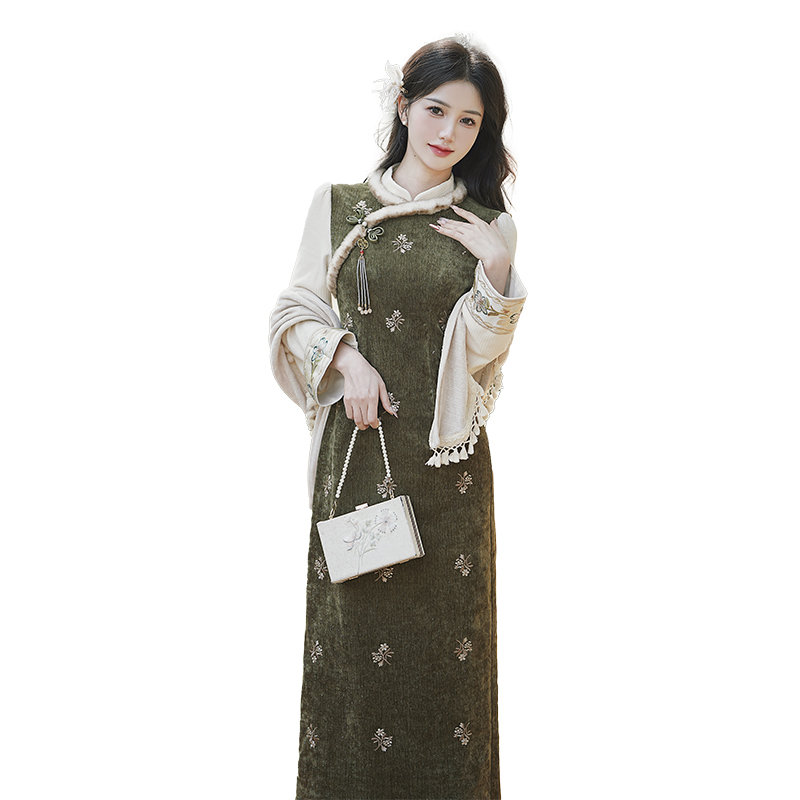 fleece-lined-retro-qipao-dress-with-shawl-and-pendant_4 Fleece Lined Retro Qipao Dress with Shawl and Pendant