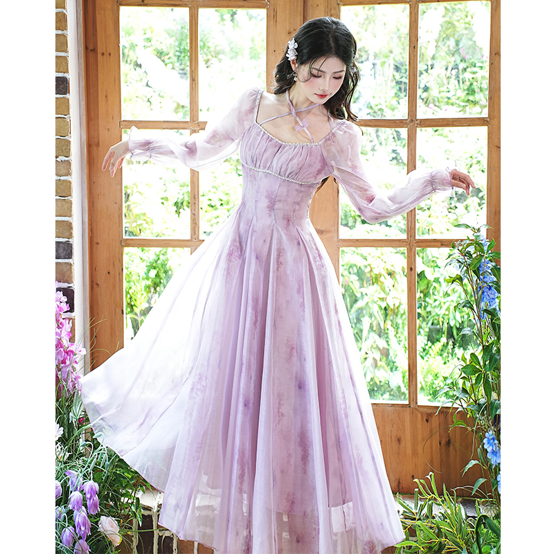 French Square Neck Purple Chiffon Floral Print Long Sleeve A-Line Dress with Ruffles and Tie
