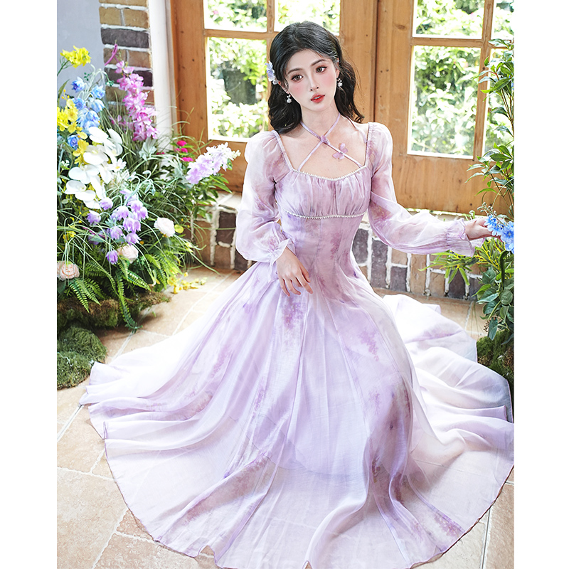 french-square-neck-purple-chiffon-floral-print-long-sleeve-a-line-dress-with-ruffles-and-tie_2 French Square Neck Purple Chiffon Floral Print Long Sleeve A-Line Dress with Ruffles and Tie