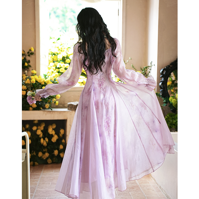 french-square-neck-purple-chiffon-floral-print-long-sleeve-a-line-dress-with-ruffles-and-tie_3 French Square Neck Purple Chiffon Floral Print Long Sleeve A-Line Dress with Ruffles and Tie