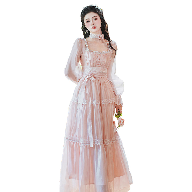 French Style Pearlized Chiffon Slimming Dress with Ruffles and Square Neck