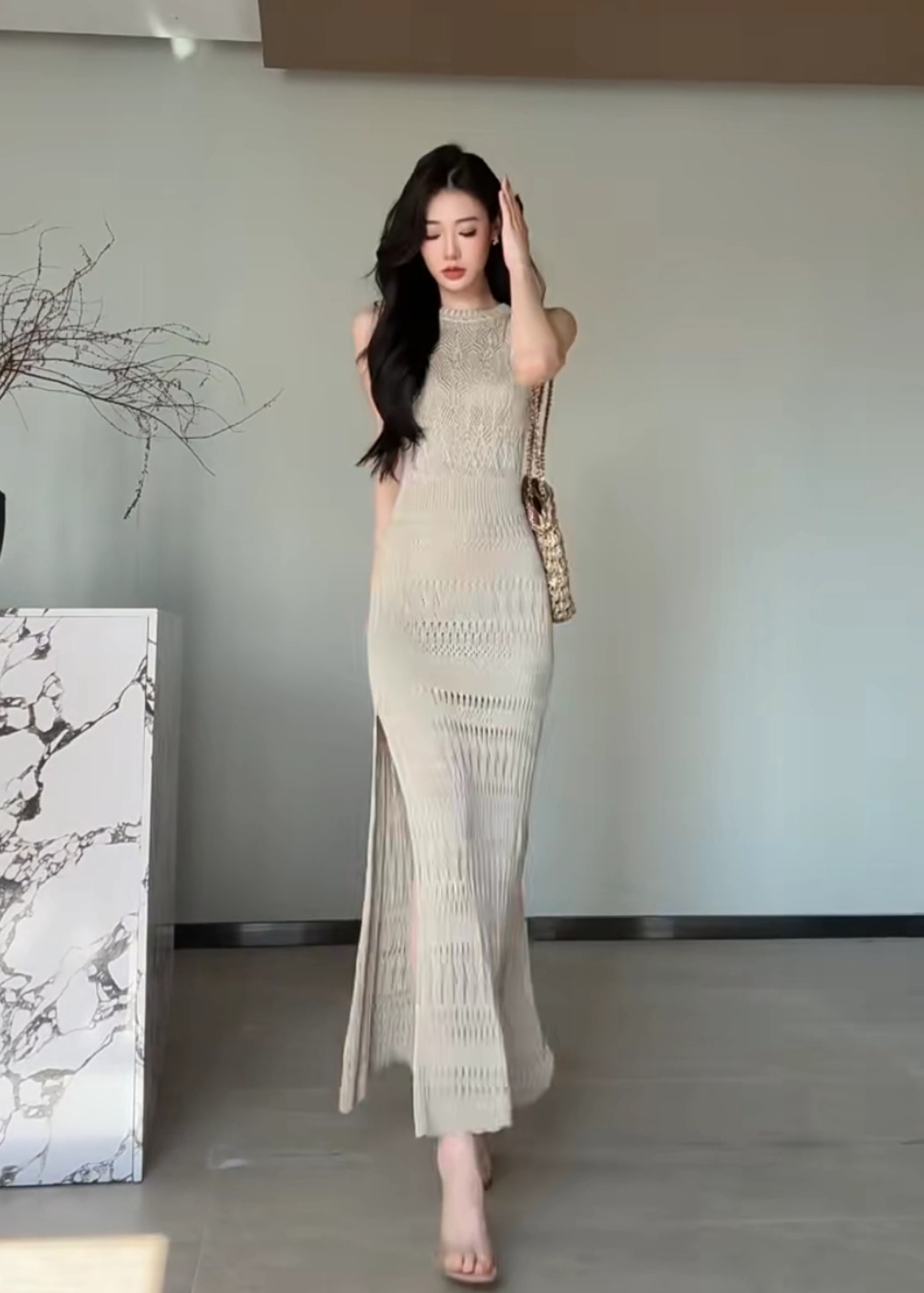 JIJINQI Summer Round Neck Sleeveless Off-Shoulder Dress with Slit and Cutout Design Casual Elegant Slimming Long Dress