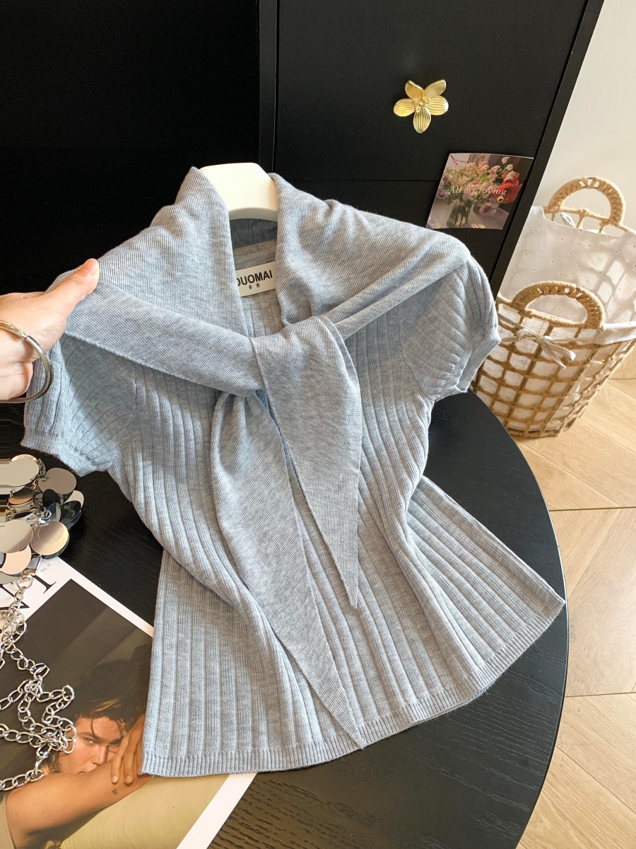 Korean Minimalist Crew Neck Short Sleeve Knit Top with Shawl Two Piece Set Solid Women