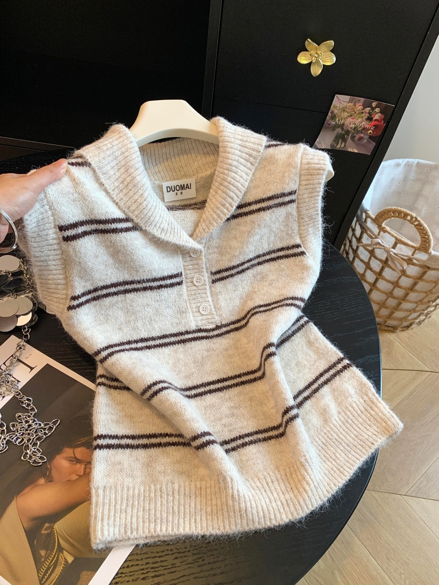 Korean Minimalist Striped Collar Single Button Knit Vest - Style 5a5c3b