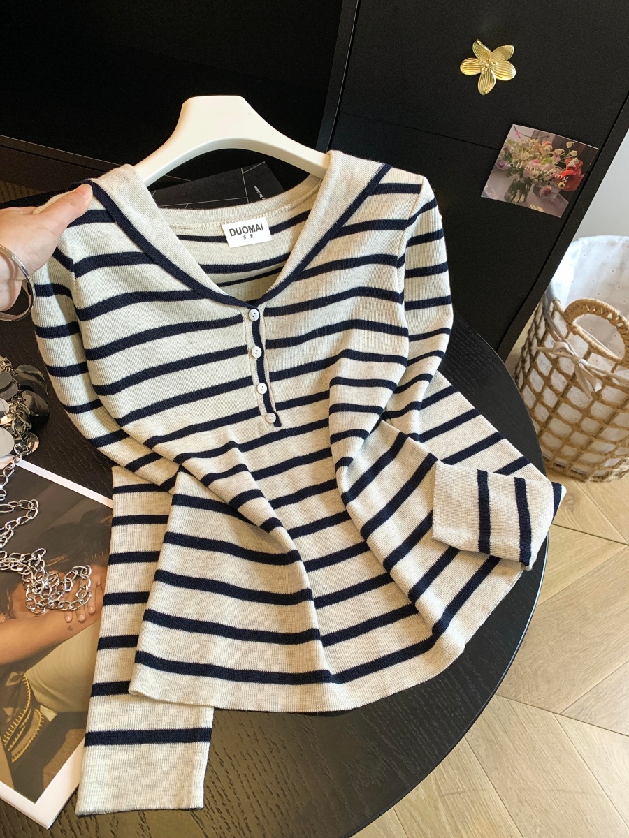 Korean Striped Sailor Collar Knit Long Sleeve T-Shirt for Women Fall 2026