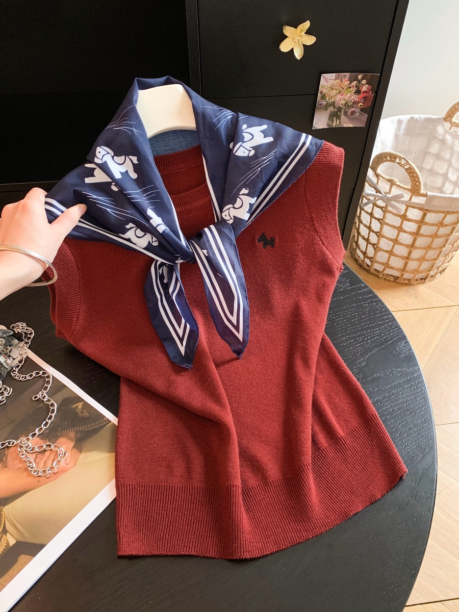 Korean Style Red Sleeveless Knit Vest with Pony Embroidery and Detachable Printed Silk Scarf Set