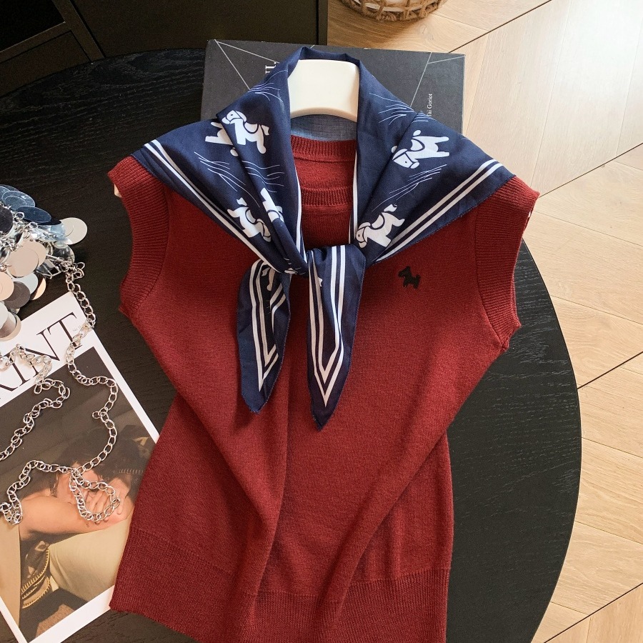 korean-style-red-sleeveless-knit-vest-with-pony-embroidery-and-detachable-printed-silk-scarf-set_4 Korean Style Red Sleeveless Knit Vest with Pony Embroidery and Detachable Printed Silk Scarf Set
