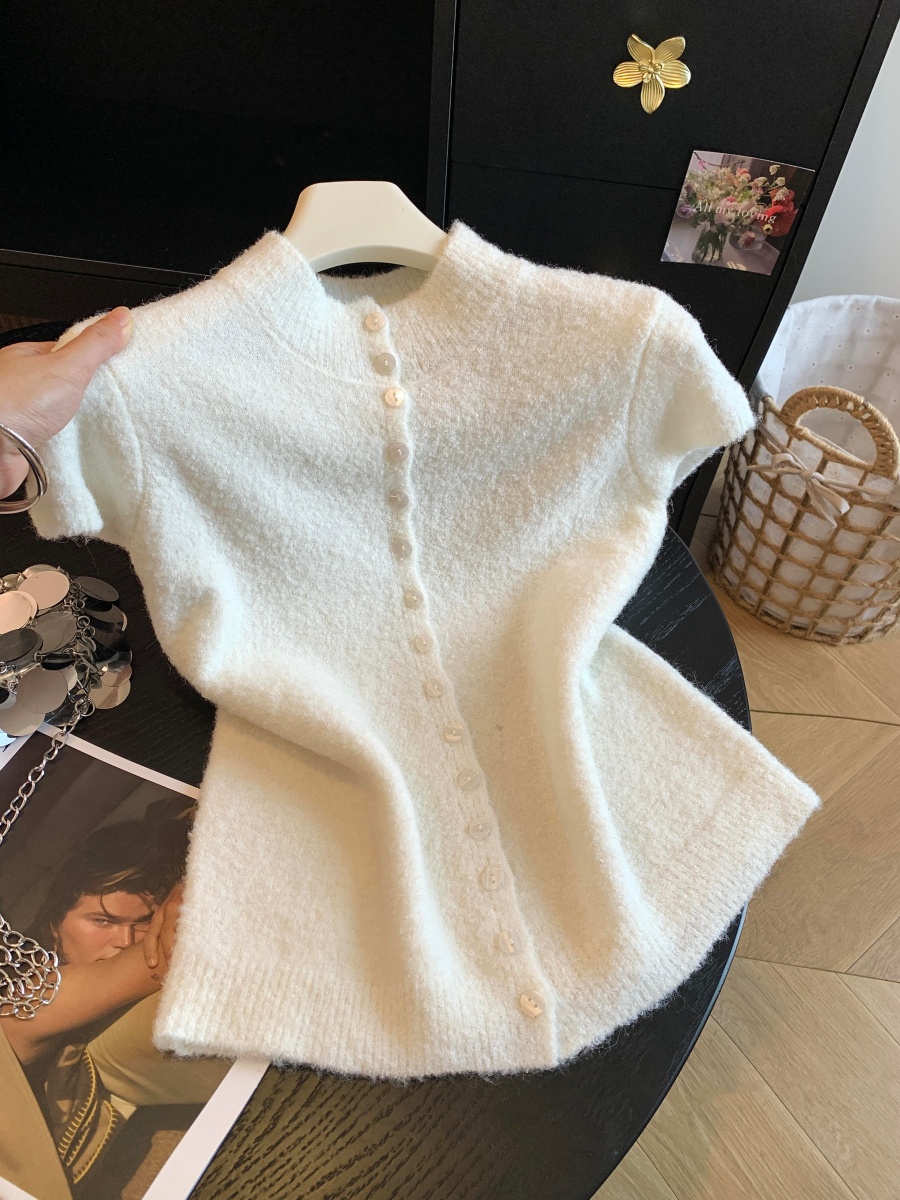 Korean Style Round Neck Short Sleeve Knit Cardigan Women Fall Loose Slimming Pullover - Style a45e4b