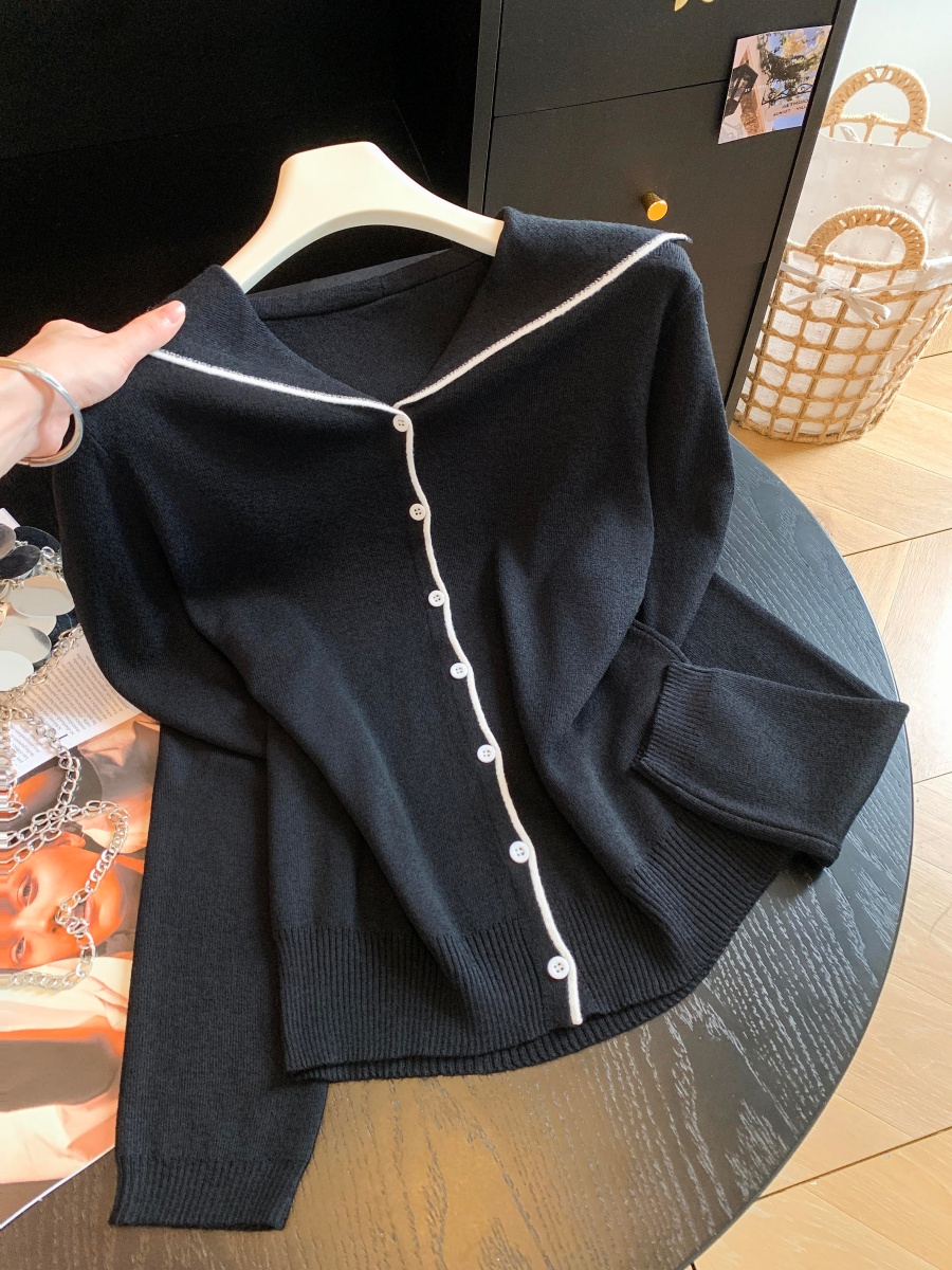 Korean Style Sailor Collar Color Block Button Knit Top - Style bc6a9a