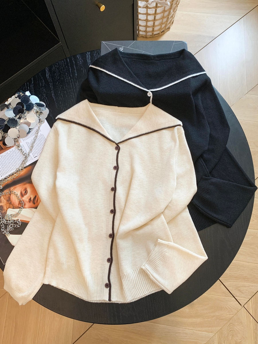 Korean Style Sailor Collar Color Block Button Knit Top - Style bc6a9a