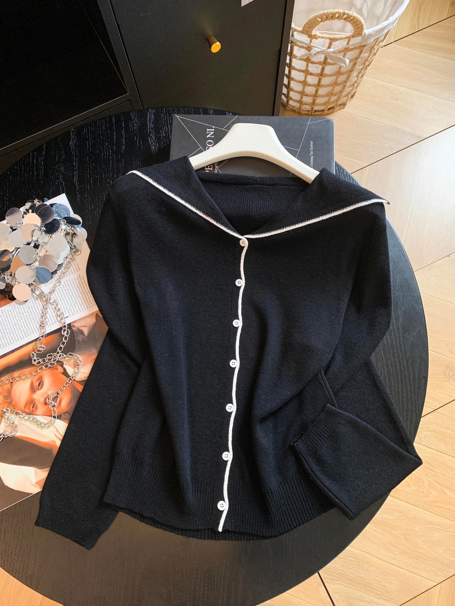 Korean Style Sailor Collar Color Block Button Knit Top - Style bc6a9a