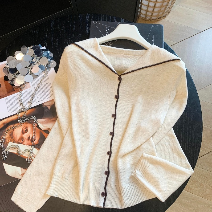 Korean Style Sailor Collar Color Block Button Knit Top - Style bc6a9a