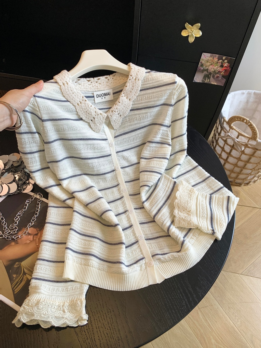 Korean Style Striped Knit Cardigan Women Loose Slimming Lapel Pullover Top