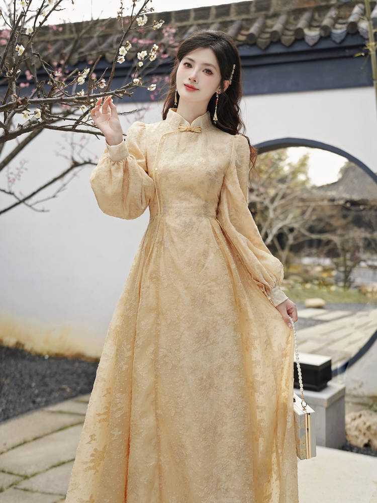 New Chinese Style A-Line Long Dress with Stand Collar and Long Sleeves - Style 250743