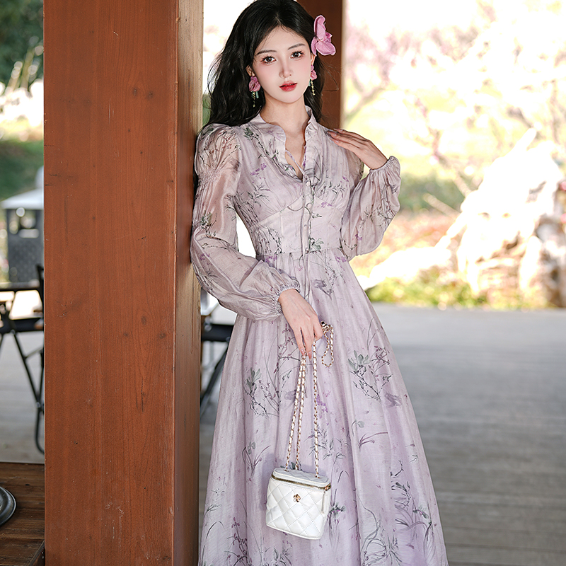 New Chinese Style Long Sleeve High Waist Floral Print Long Dress