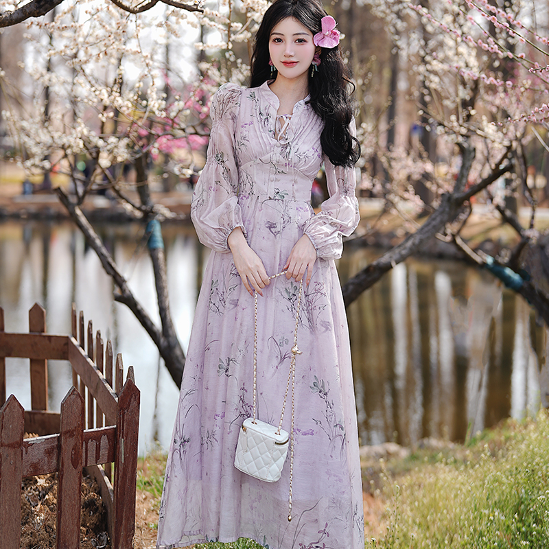 New Chinese Style Long Sleeve High Waist Floral Print Long Dress