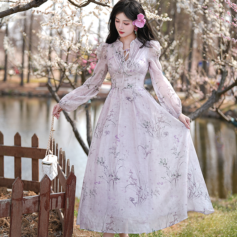 New Chinese Style Long Sleeve High Waist Floral Print Long Dress