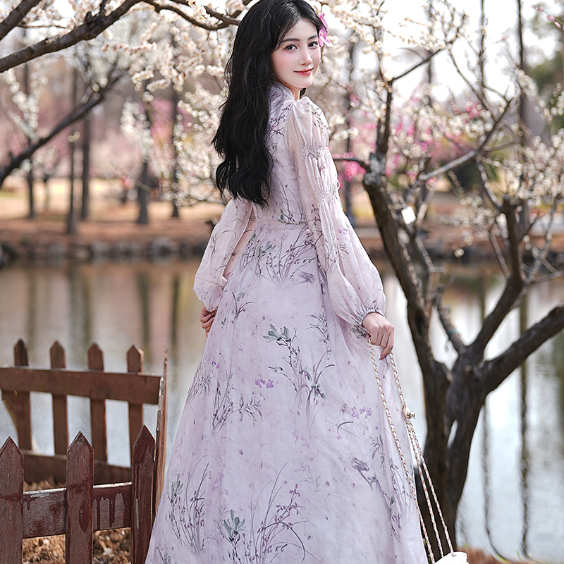 New Chinese Style Long Sleeve High Waist Floral Print Long Dress