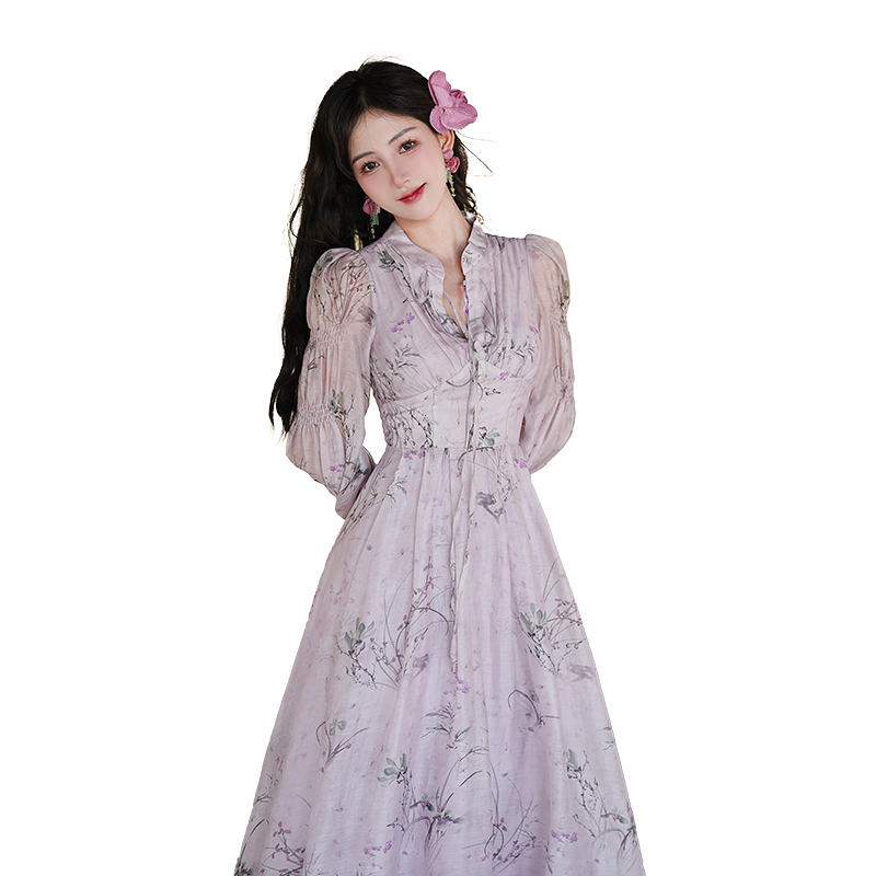 New Chinese Style Long Sleeve High Waist Floral Print Long Dress
