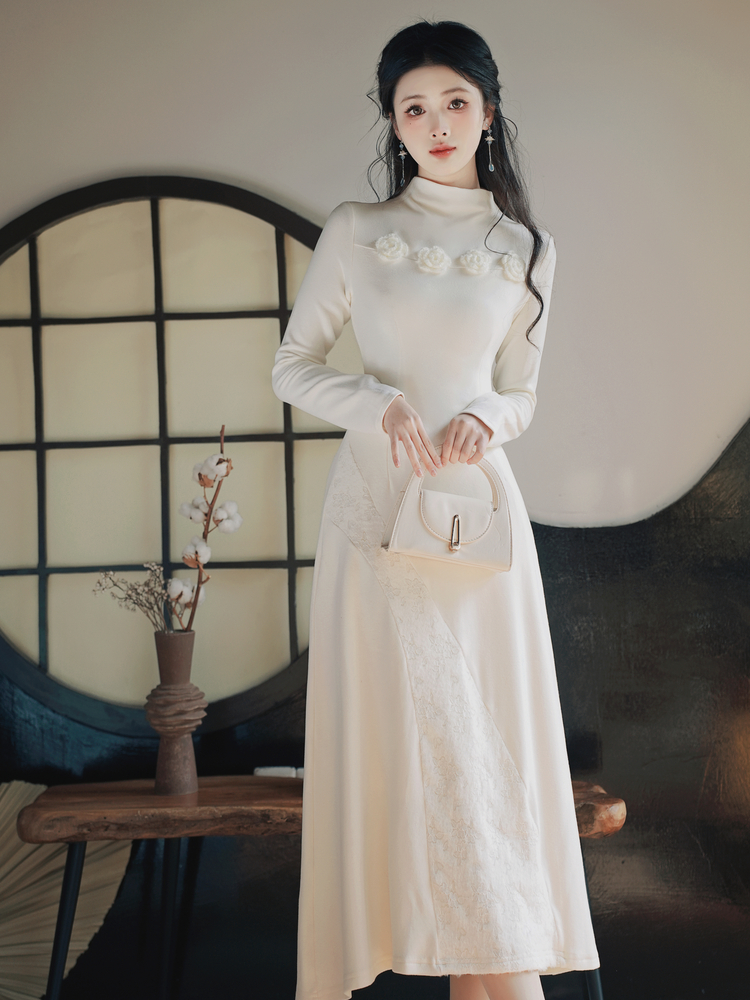 New Chinese Style Retro Knit Dress Half High Neck Long A-Line Dress