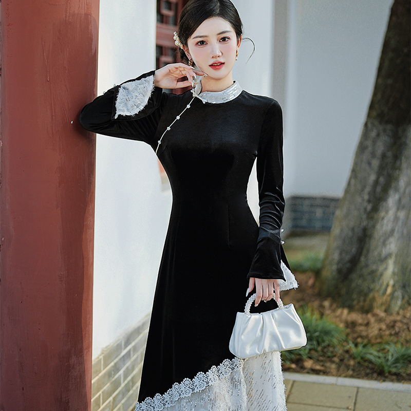new-chinese-style-velvet-dress-lace-panel-faux-two-piece-qipao-winter New Chinese Style Velvet Dress Lace Panel Faux Two Piece Qipao Winter