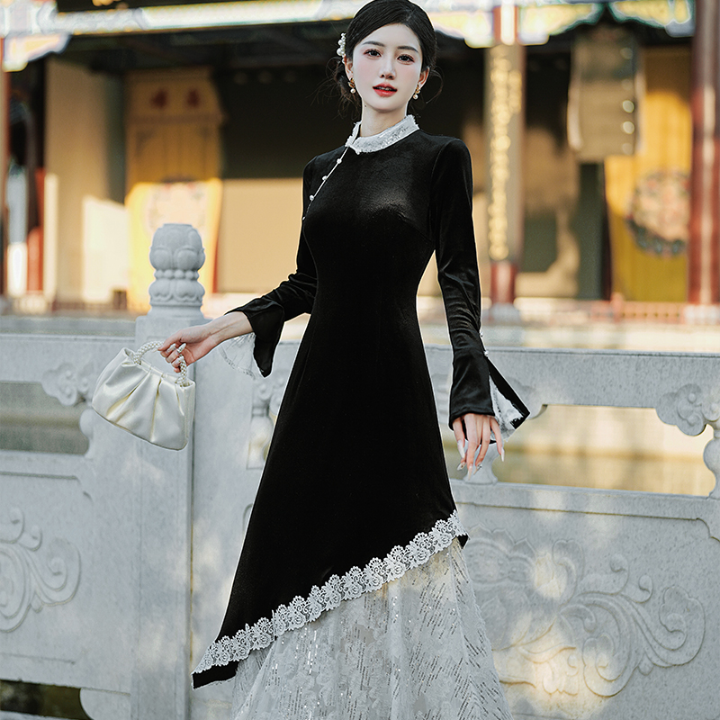 new-chinese-style-velvet-dress-lace-panel-faux-two-piece-qipao-winter_1 New Chinese Style Velvet Dress Lace Panel Faux Two Piece Qipao Winter