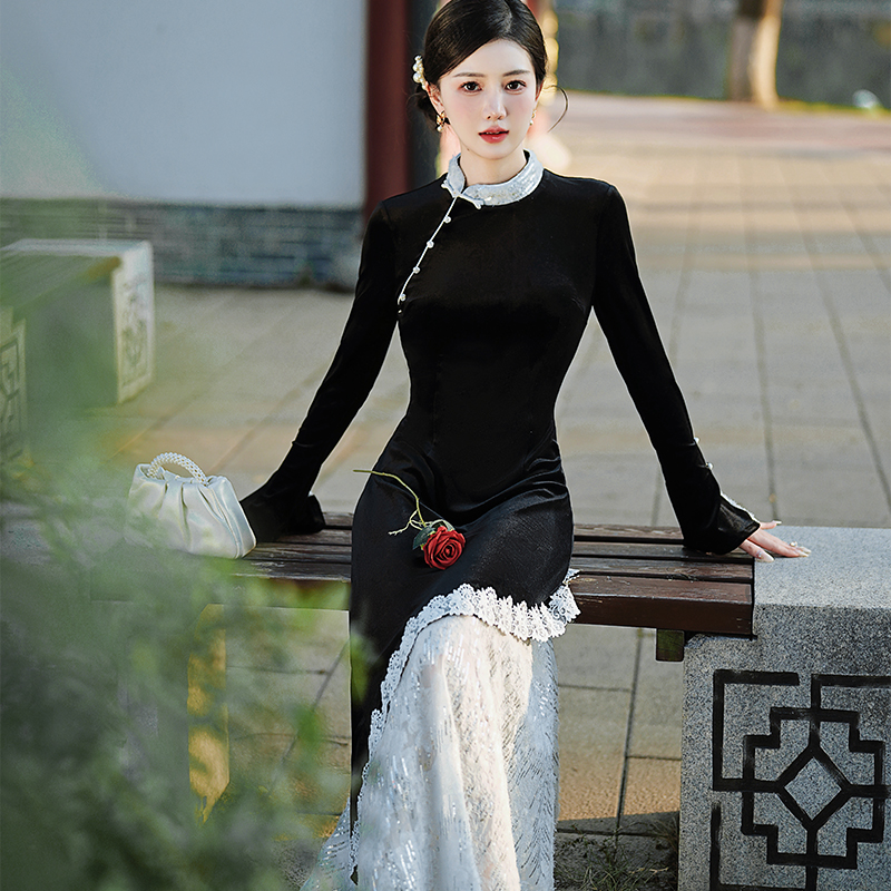 new-chinese-style-velvet-dress-lace-panel-faux-two-piece-qipao-winter_2 New Chinese Style Velvet Dress Lace Panel Faux Two Piece Qipao Winter