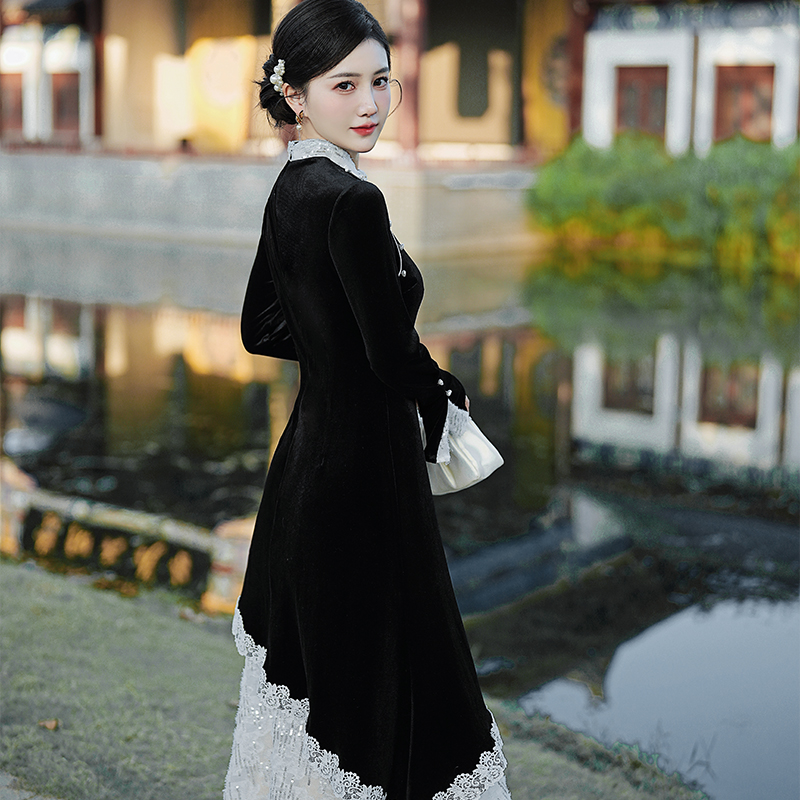 new-chinese-style-velvet-dress-lace-panel-faux-two-piece-qipao-winter_3 New Chinese Style Velvet Dress Lace Panel Faux Two Piece Qipao Winter
