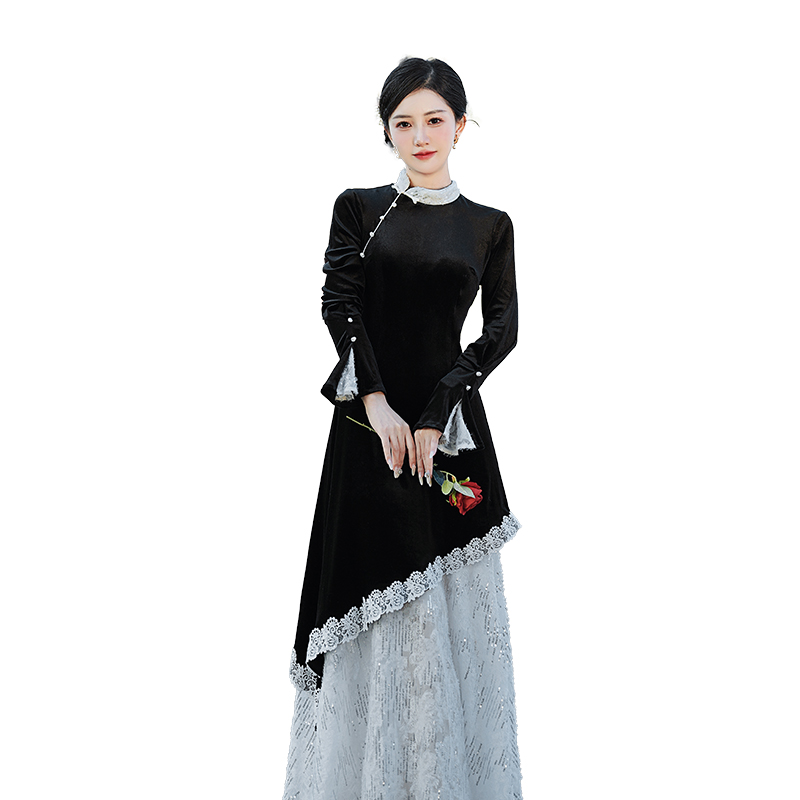 new-chinese-style-velvet-dress-lace-panel-faux-two-piece-qipao-winter_4 New Chinese Style Velvet Dress Lace Panel Faux Two Piece Qipao Winter