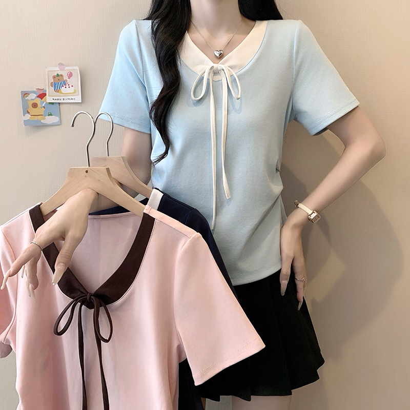 Plus Size Color Block Tie Waist Curved Short Sleeve T-Shirt Summer 2026