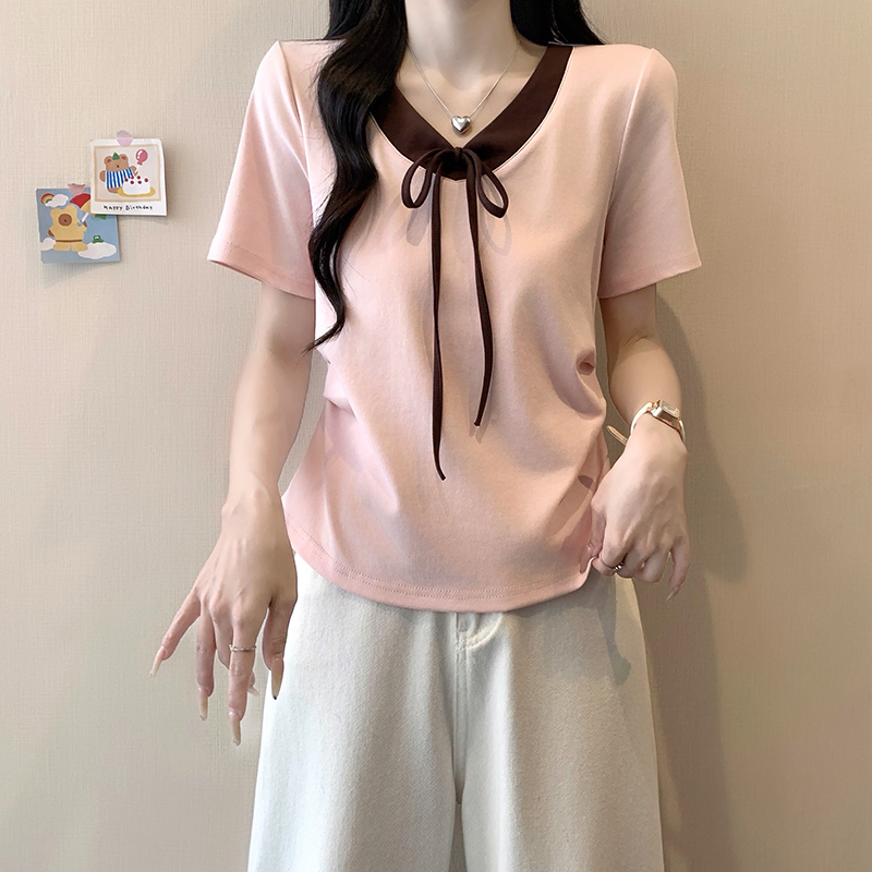 plus-size-color-block-tie-waist-curved-short-sleeve-t-shirt-summer-2026_1 Plus Size Women's Color Block Lace-Up Waist Short Sleeve T-Shirt Summer 2026
