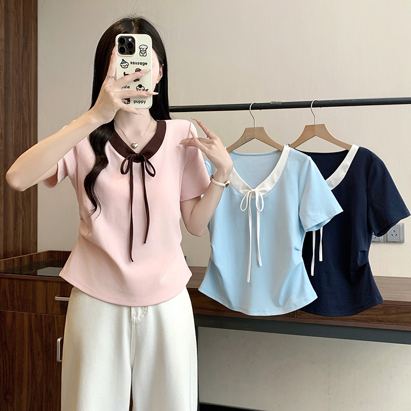 Plus Size Women's Color Block Lace-Up Waist Short Sleeve T-Shirt Summer 2026