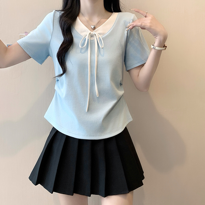 plus-size-womens-color-block-lace-up-waist-short-sleeve-t-shirt-summer-2026_4 Plus Size Women's Color Block Lace-Up Waist Short Sleeve T-Shirt Summer 2026