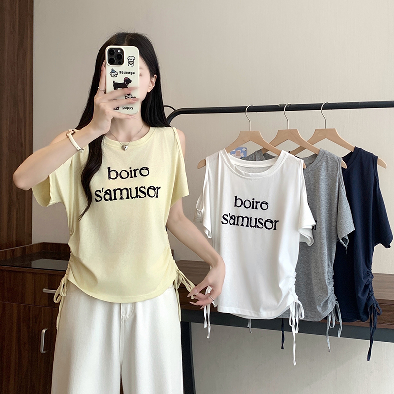 Plus Size Women's Off-Shoulder Short Sleeve T-Shirt with Letter Print and Drawstring Korean Design 2026 Summer