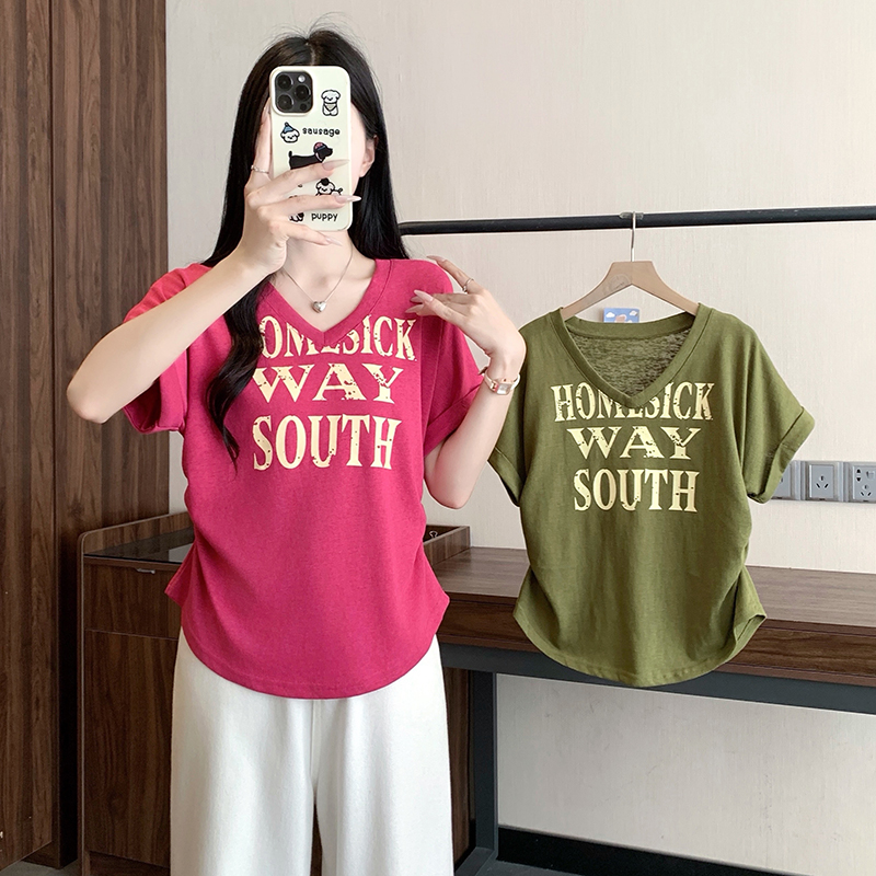 plus-size-womens-summer-v-neck-ruffle-sleeve-letter-print-t-shirt Plus Size Women's Summer V-Neck Ruffle Sleeve Letter Print T-Shirt