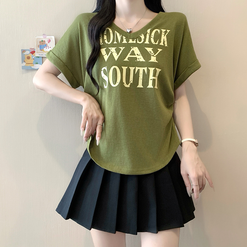 Plus Size Women's Summer V-Neck Ruffle Sleeve Letter Print T-Shirt