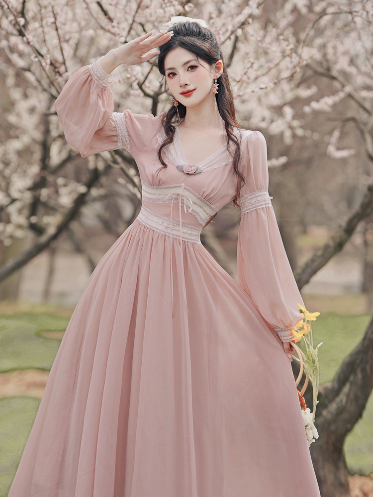sweet-chiffon-lace-spliced-flower-v-neck-long-sleeve-dress Sweet Chiffon Lace Spliced Flower V-Neck Long Sleeve Dress