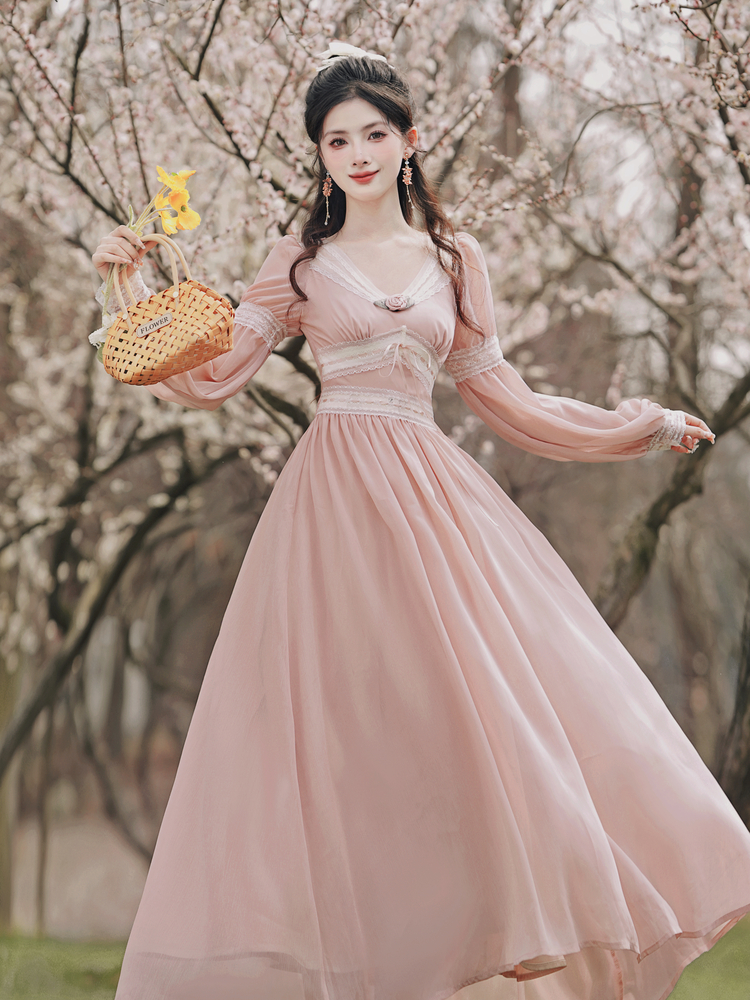 sweet-chiffon-lace-spliced-flower-v-neck-long-sleeve-dress_1 Sweet Chiffon Lace Spliced Flower V-Neck Long Sleeve Dress