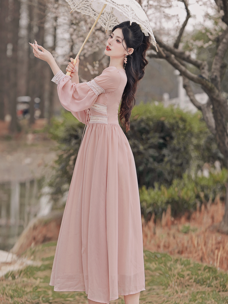 sweet-chiffon-lace-spliced-flower-v-neck-long-sleeve-dress_2 Sweet Chiffon Lace Spliced Flower V-Neck Long Sleeve Dress
