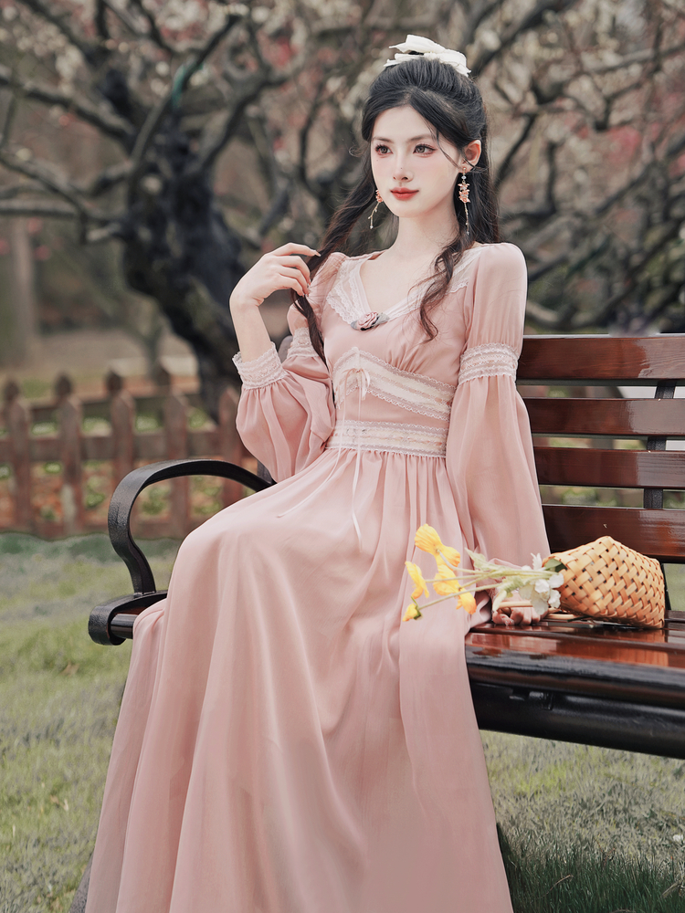 sweet-chiffon-lace-spliced-flower-v-neck-long-sleeve-dress_3 Sweet Chiffon Lace Spliced Flower V-Neck Long Sleeve Dress